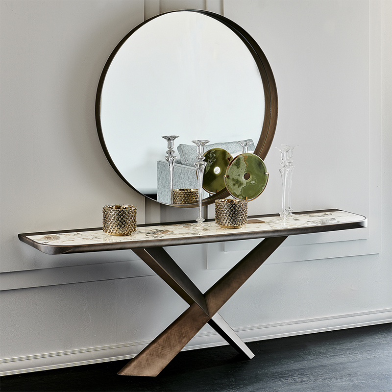 Base de aço inoxidável em forma de aço italiano Moderno Console de Luxo Cabinete de Pedra Table Top de Mármore Com espelho